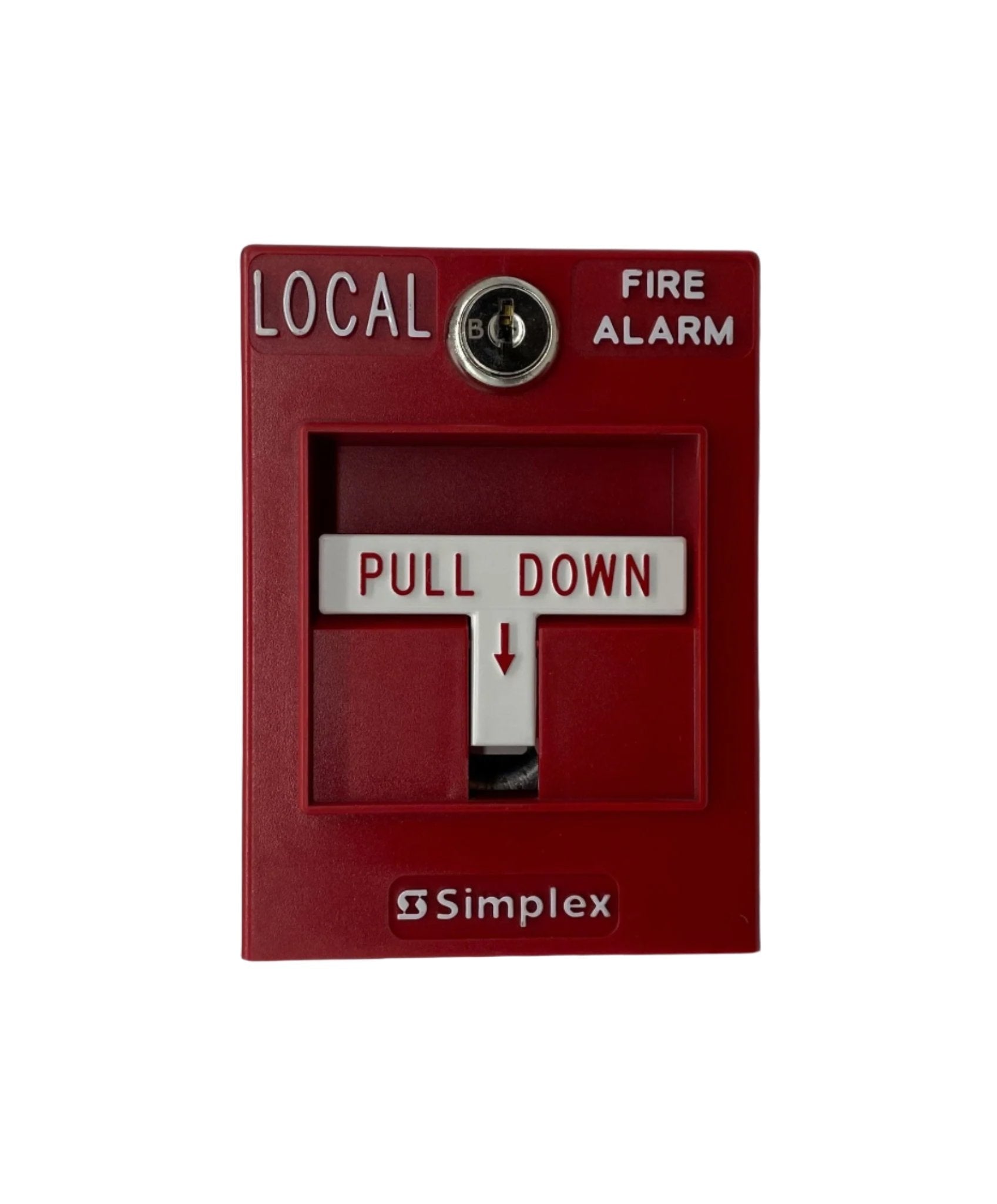 Simplex 2099-9755 pull station fire alarm device, mounted on wall with visible branding and safety indicator.