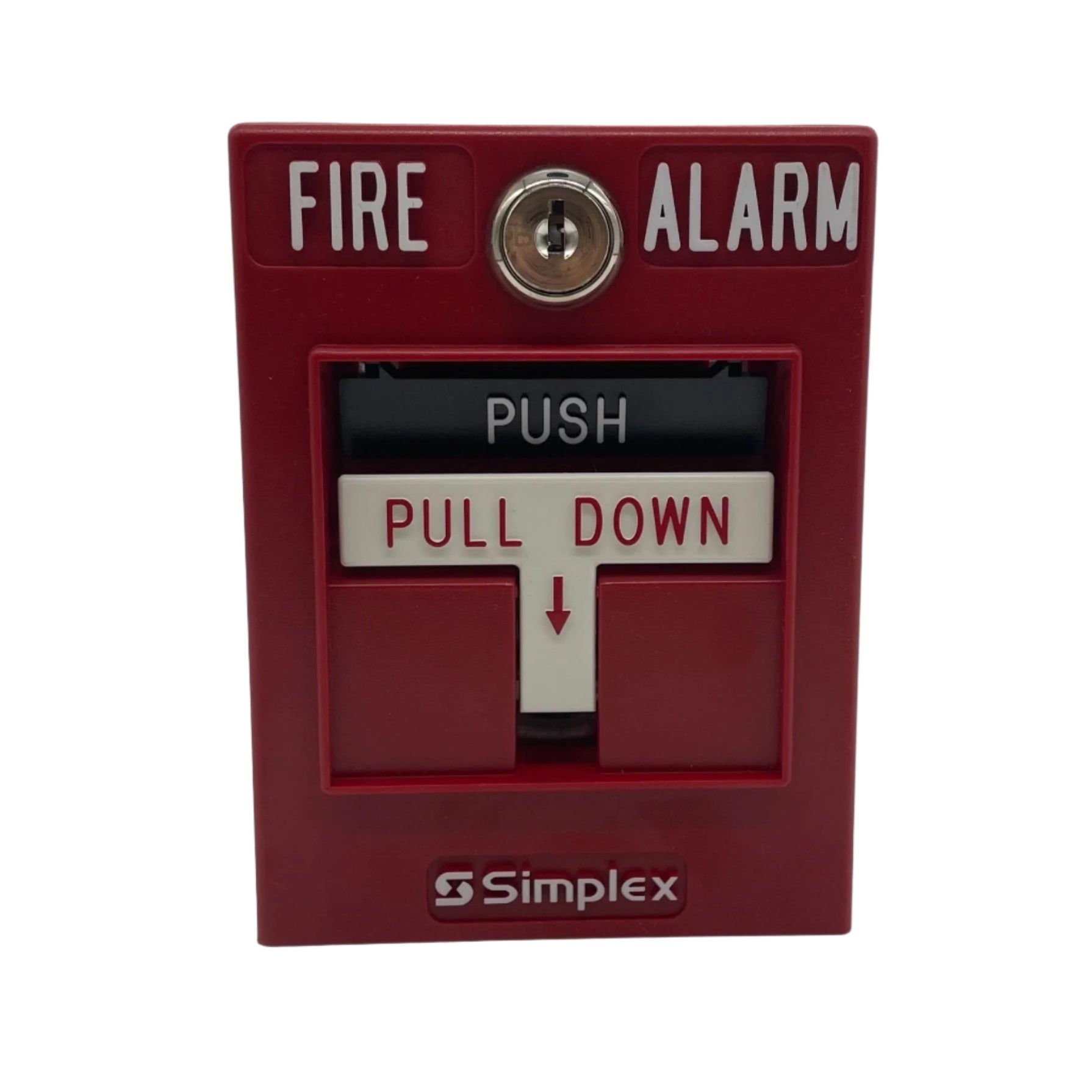 Simplex 2099-9758 pull station alarm system mounted on wall with clear labeling and emergency signage.