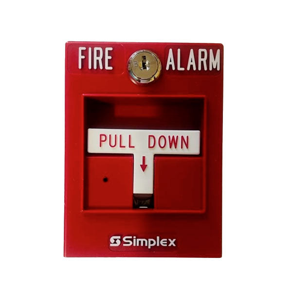 Simplex 4099-9004 single action pull station, black with red pull handle, mounted on a wall for fire alarm activation.
