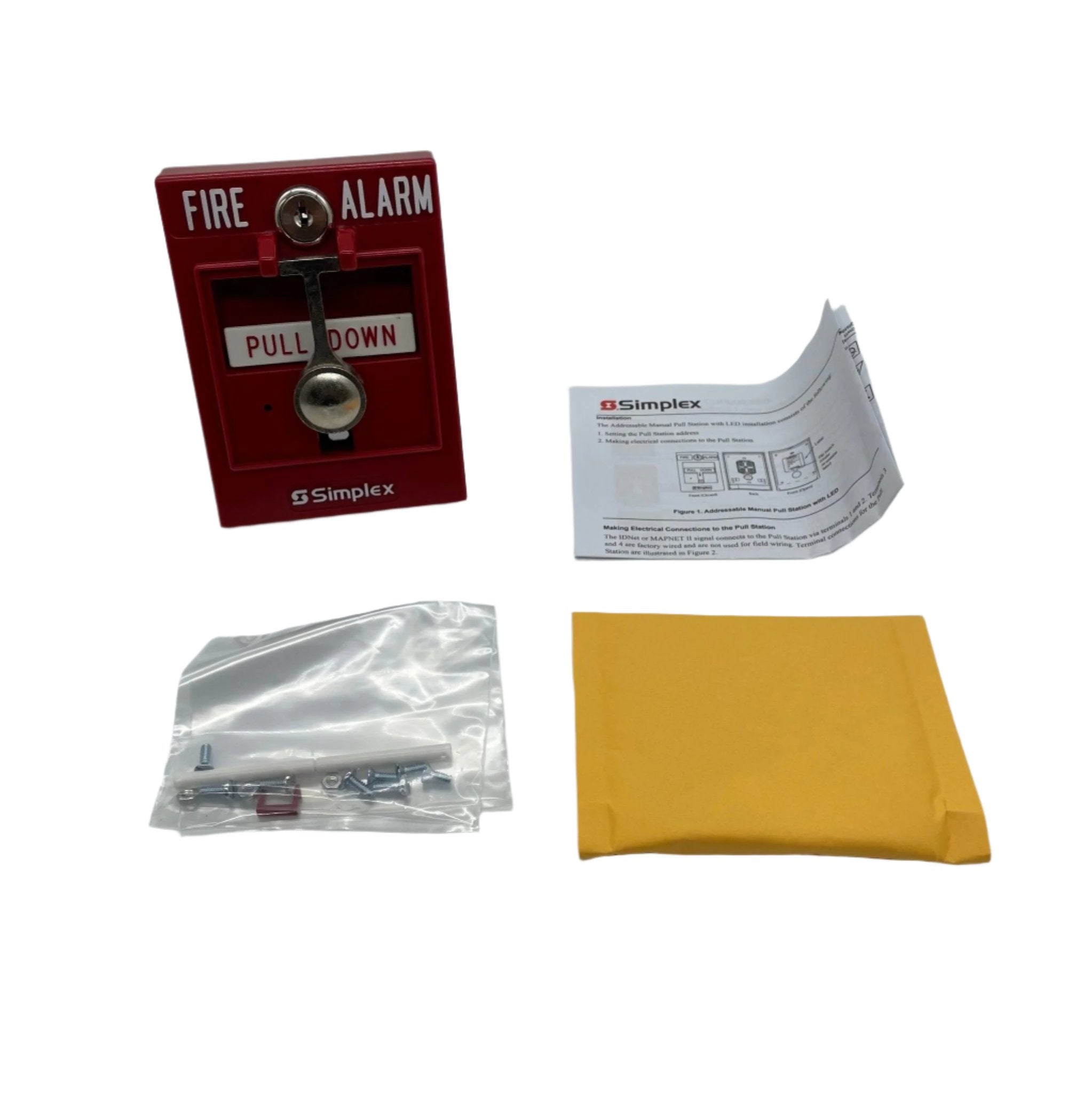 Simplex 4099-9005 addressable pull station mounted on wall, used for fire alarm systems, with clear labels and red color.