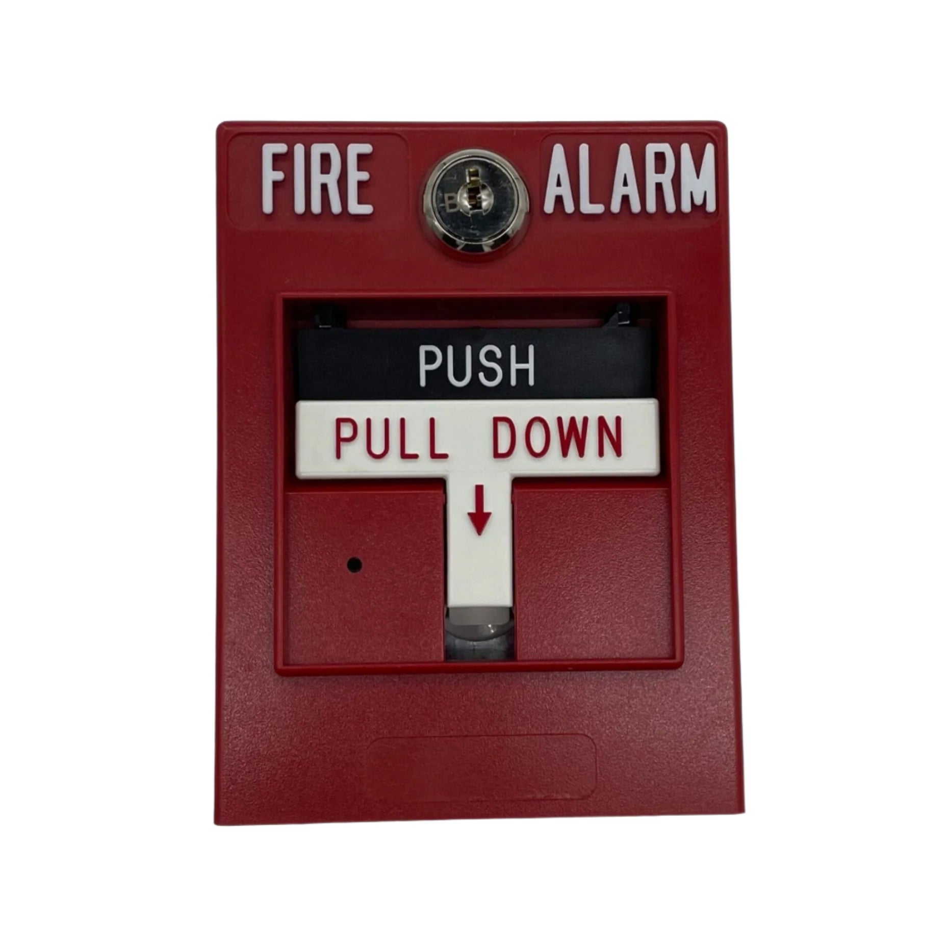 Simplex 4099-9015 pull station, emergency alarm device mounted on wall, with clear labeling for fire safety.