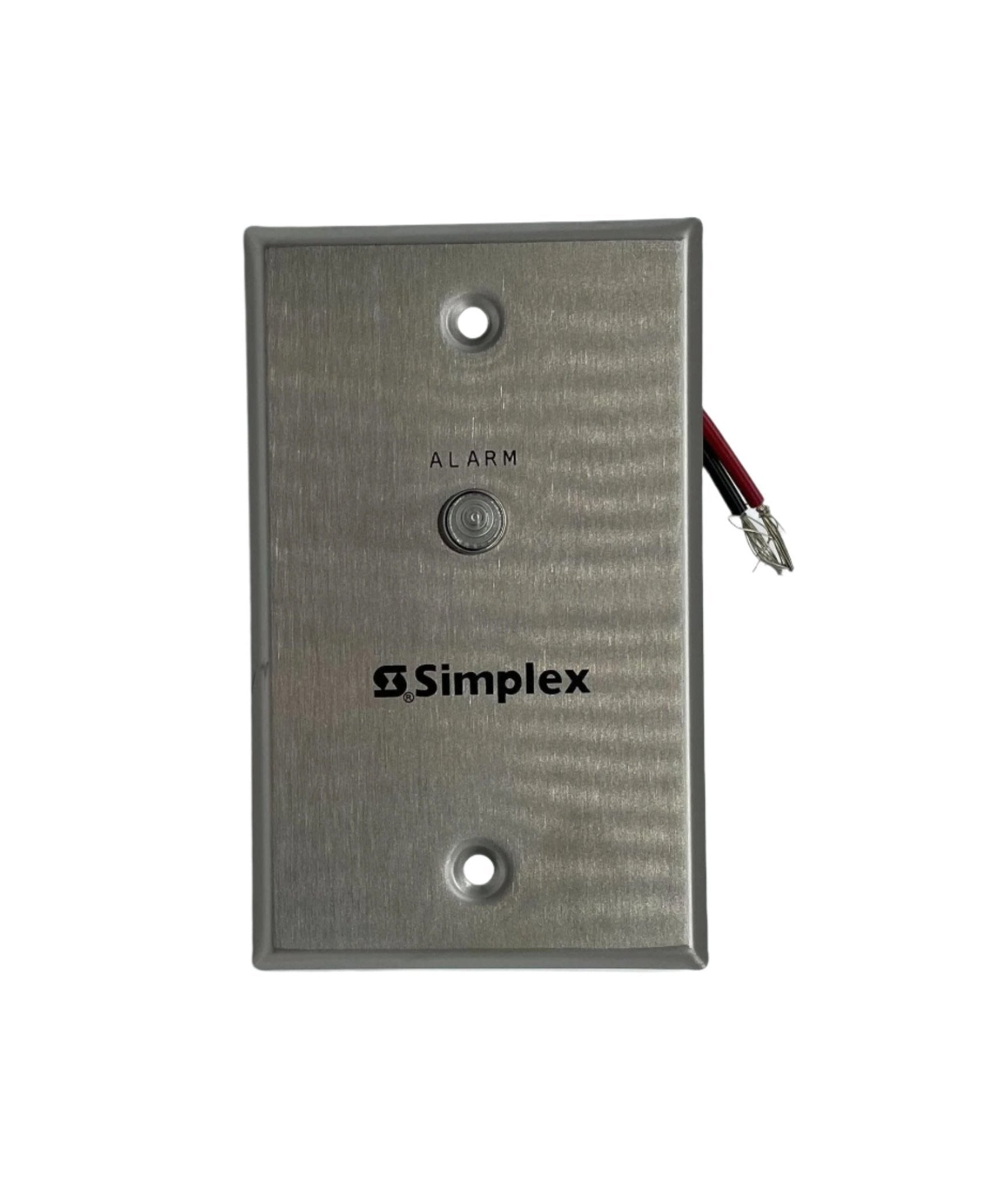 Simplex 4098-9830 fire alarm with alarm sensor and wiring, mounted on a ceiling for fire safety detection.