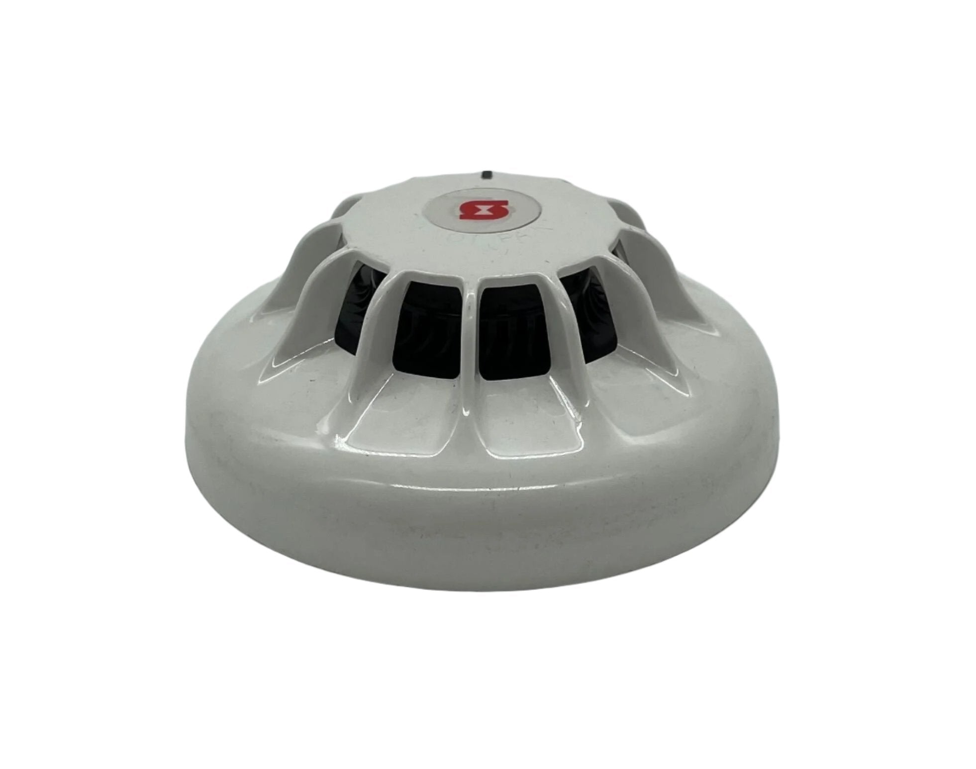 Simplex 4098-5202 fire alarm sensor for fire detection system, mounted on wall with wiring visible.