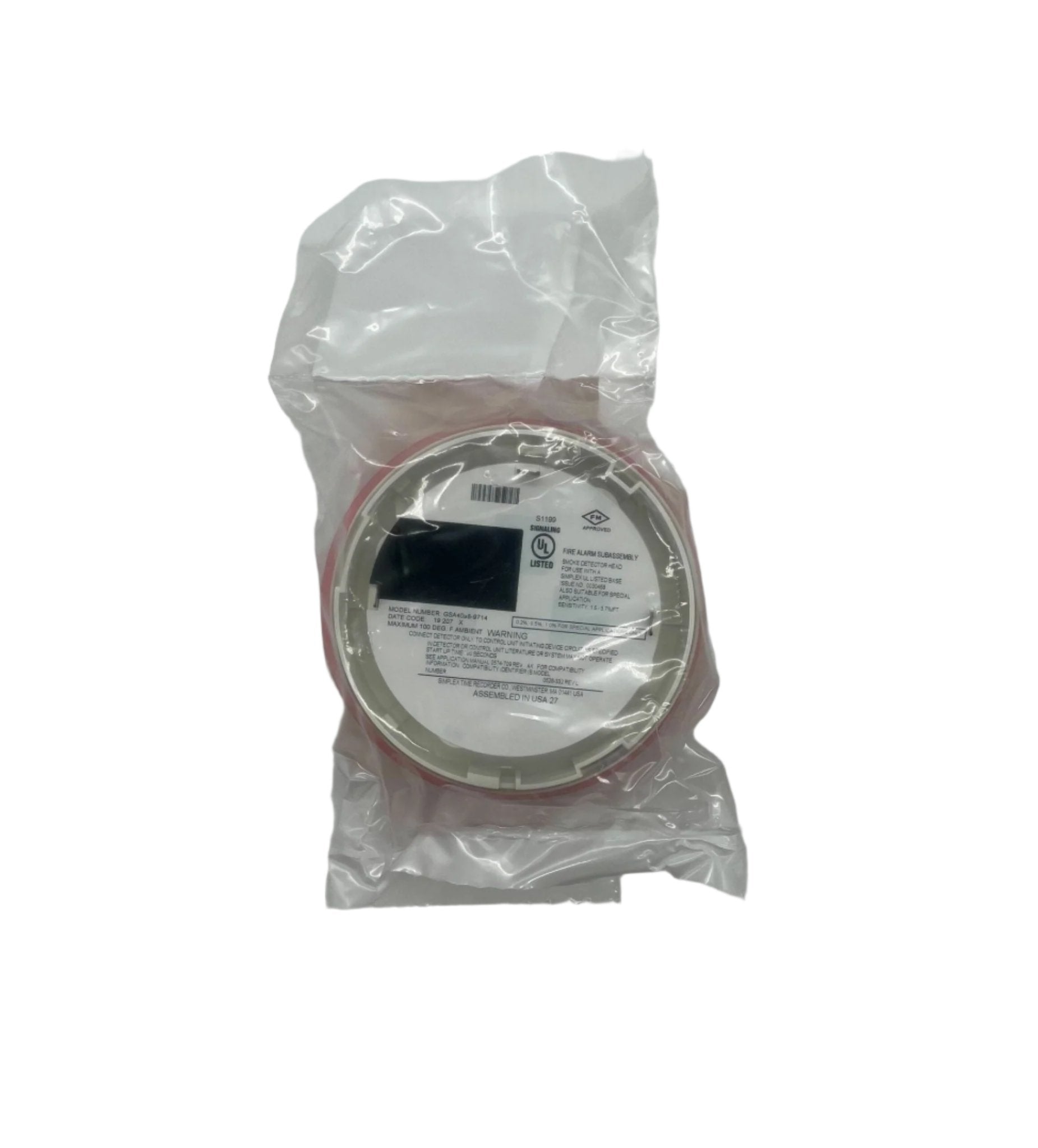 Simplex GSA4098-9714 smoke detector from Jem Systems Canada, mounted on ceiling, with wiring and mounting bracket visible.