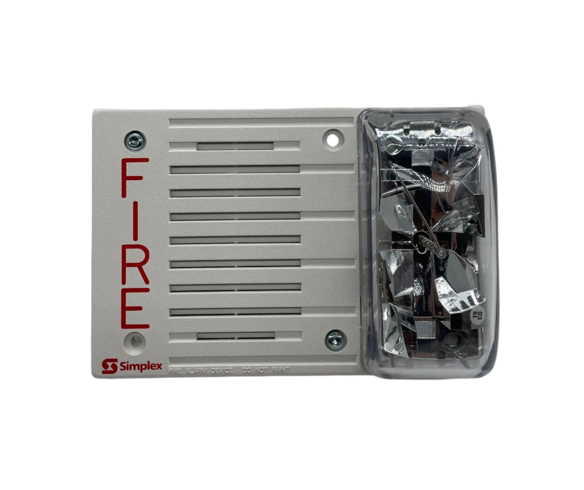 Simplex 4903-9193 speaker strobe alarm with red housing and clear lens, designed for fire safety and emergency alert systems.