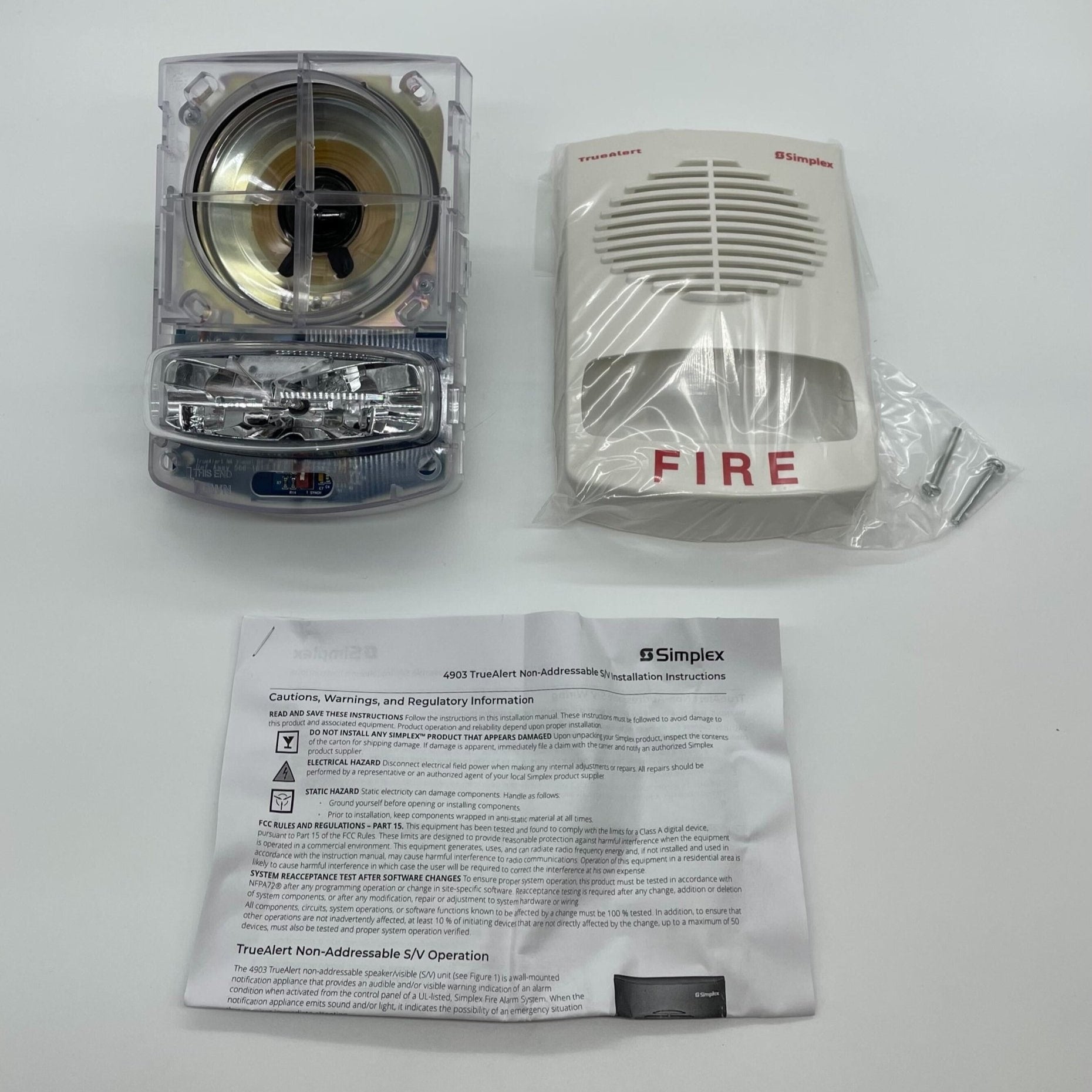 Simplex 4903-9360 speaker strobe alarm with red housing and mounting bracket, designed for fire and emergency alert systems.