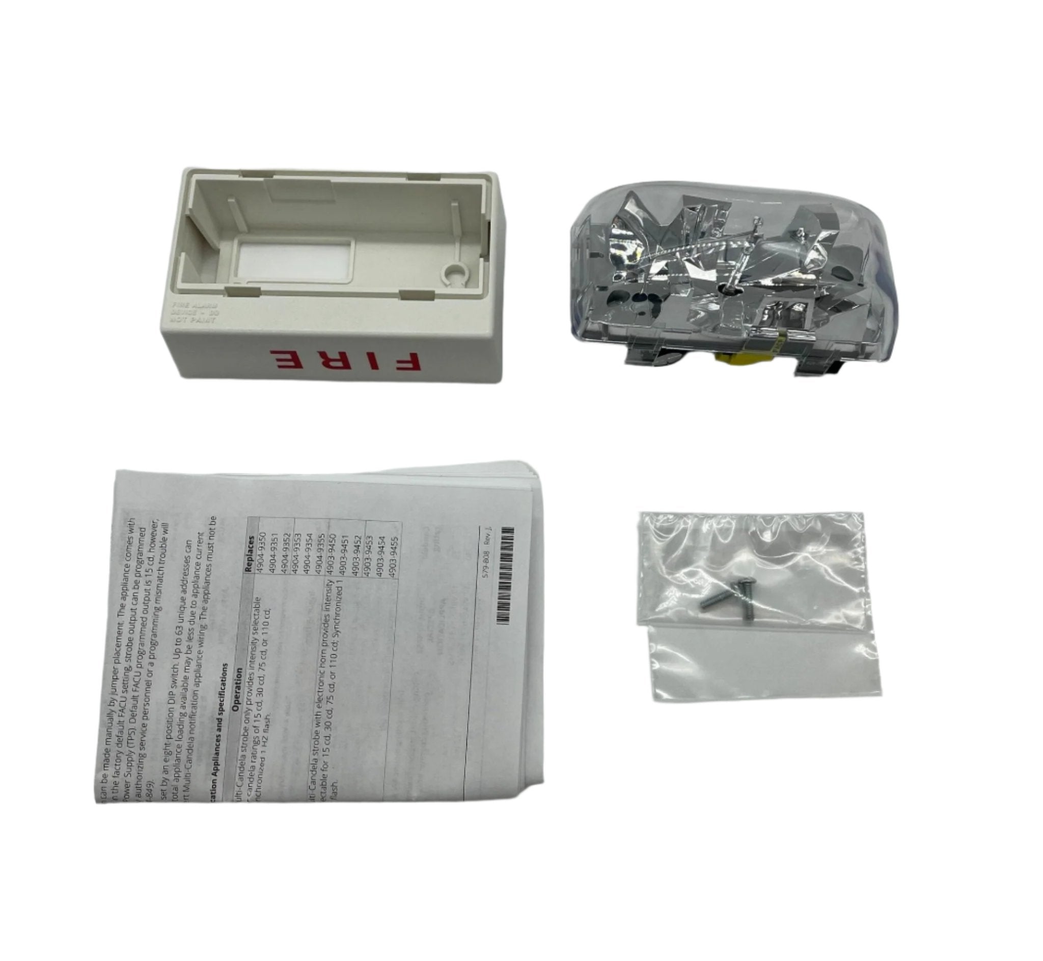 Simplex 4906-9204 strobe light with clear lens and mounting bracket for fire alarm systems.