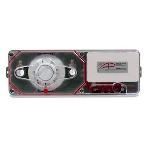 Space Age SSU-SL-2000-P fire alarm with sleek design and indicator lights, mounted on a wall for home or commercial safety.