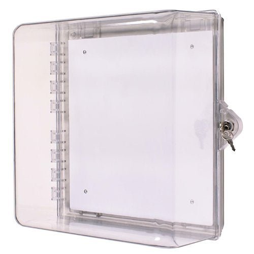 Polycarbonate STI-7530 Protective Cabinet with backplate, designed for secure stopper installation, by STI.