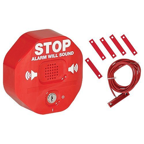 STI-6402 Exit Stopper multifunction door alarm installed on a double door, designed to alert when door is opened.