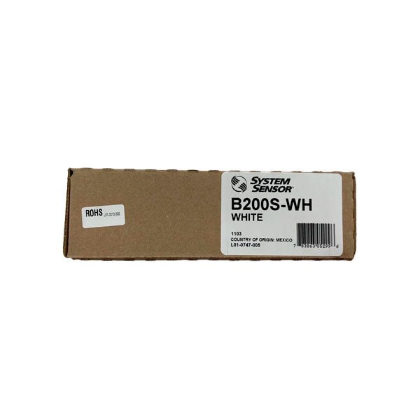 System Sensor B200S-WH addressable intelligent sounder base mounted on ceiling, white color, with wiring connections visible.