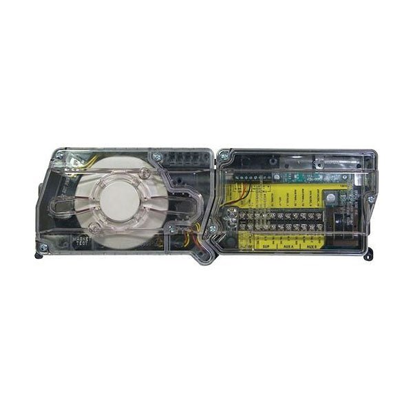 System Sensor D4120 smoke detector mounted on ceiling, featuring alarm and sensor components in a typical fire safety device.