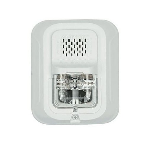System Sensor P2GWLED LED emergency lighting fixture with rugged metal housing and clear lens, designed for commercial safety applications.
