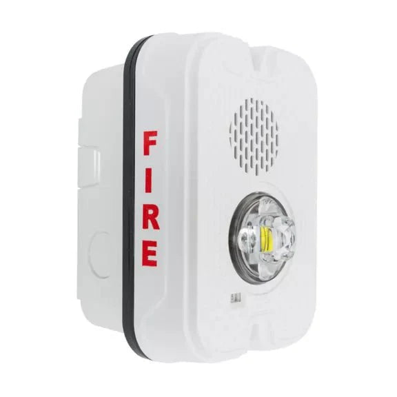 System Sensor P2GWKLED LED fire alarm with testing and silence buttons, mounted on a wall in a commercial building.