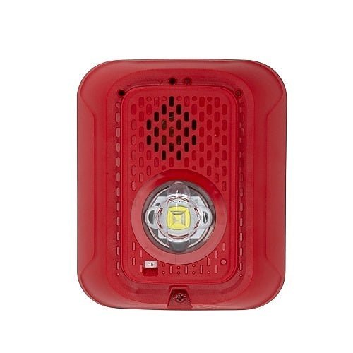 System Sensor ULC P2RLED-P fire alarm with red LED indicator, mounted on a ceiling, in a commercial building setting