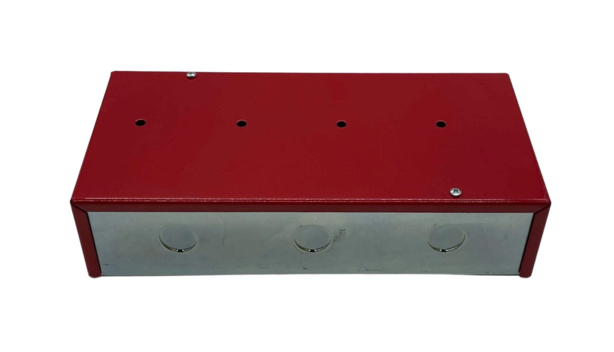 System Sensor R-24E fire alarm detector with red test and reset buttons, mounted on a white ceiling.