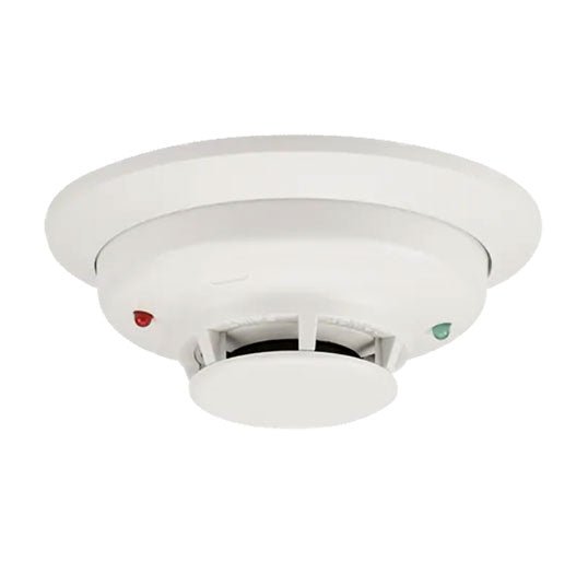 System Sensor 4WT-B thermal smoke detector with alarm and wiring connections, mounted on a ceiling.