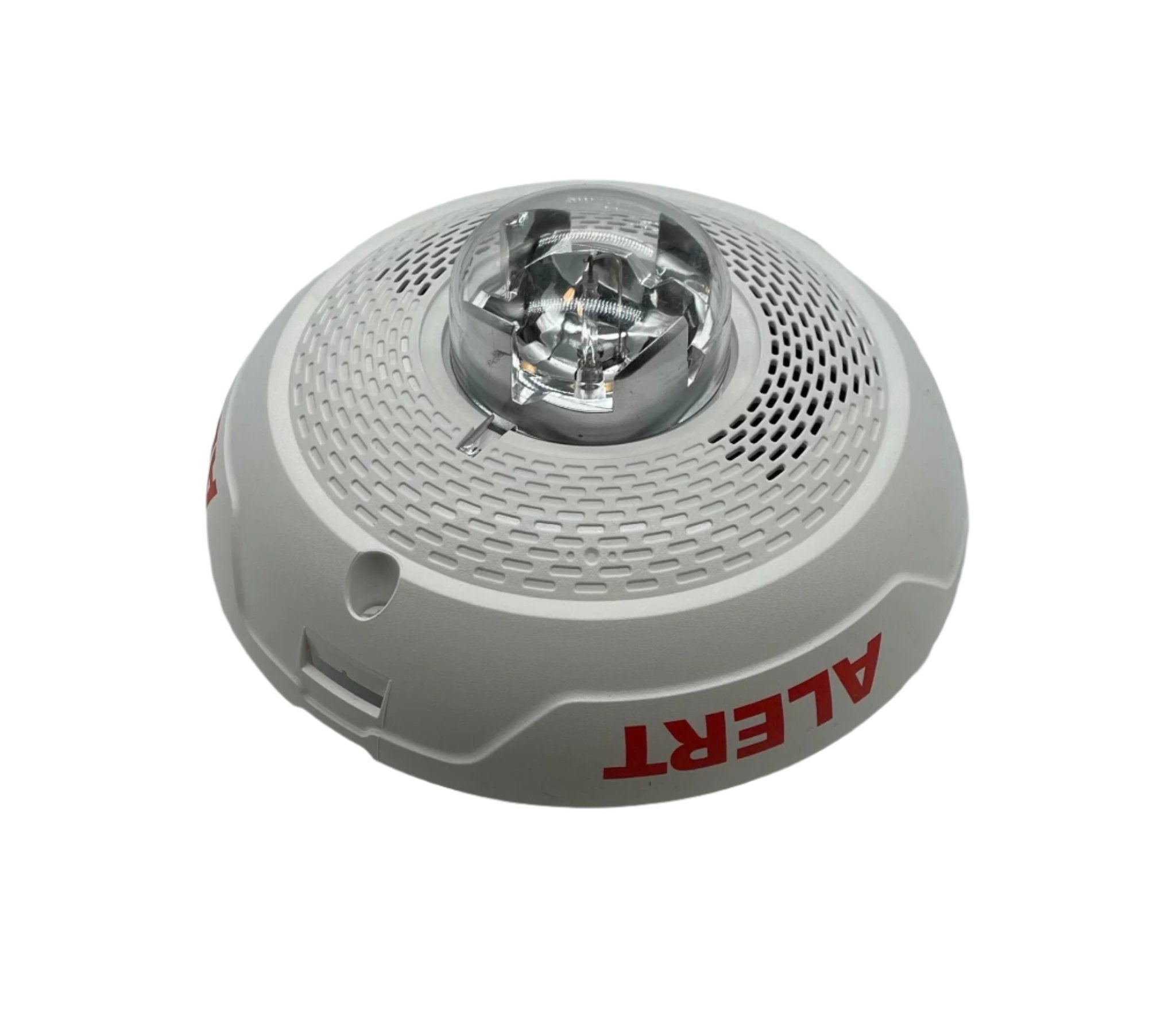 System Sensor SPSCWL-CLR-ALERT smoke detector with clear cover, mounted on ceiling in a modern interior setting.