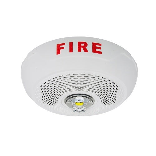 System Sensor SPSCWLED smoke detector with LED indicator, mounted on a ceiling in a commercial setting