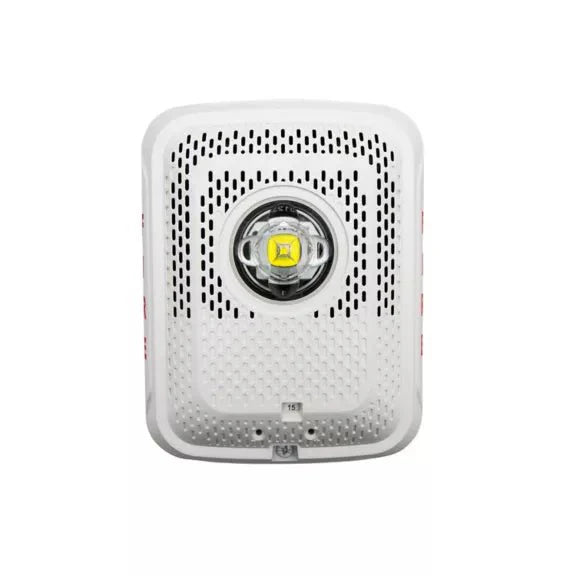 System Sensor SPSWLED LED emergency light with white housing and mounting bracket, designed for fire alarm systems.