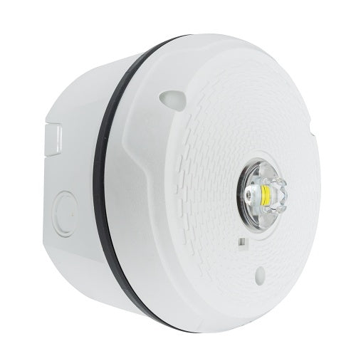 System Sensor SCWKLED-P fire alarm with LED indicator, mounted on wall, showing its compact design and installation features.