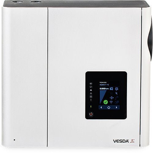 Vesda VEA-040-A10-UL fire alarm control panel with digital display and control buttons, mounted on a wall.