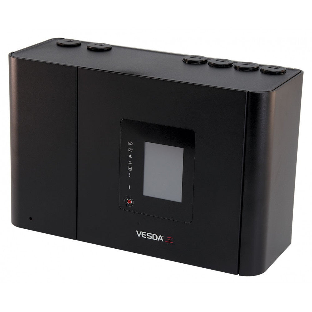 VESDA VEP-A10-P aspirating smoke detector with 3.5-inch display, 4 pipes, plastic enclosure, designed for early fire detection.