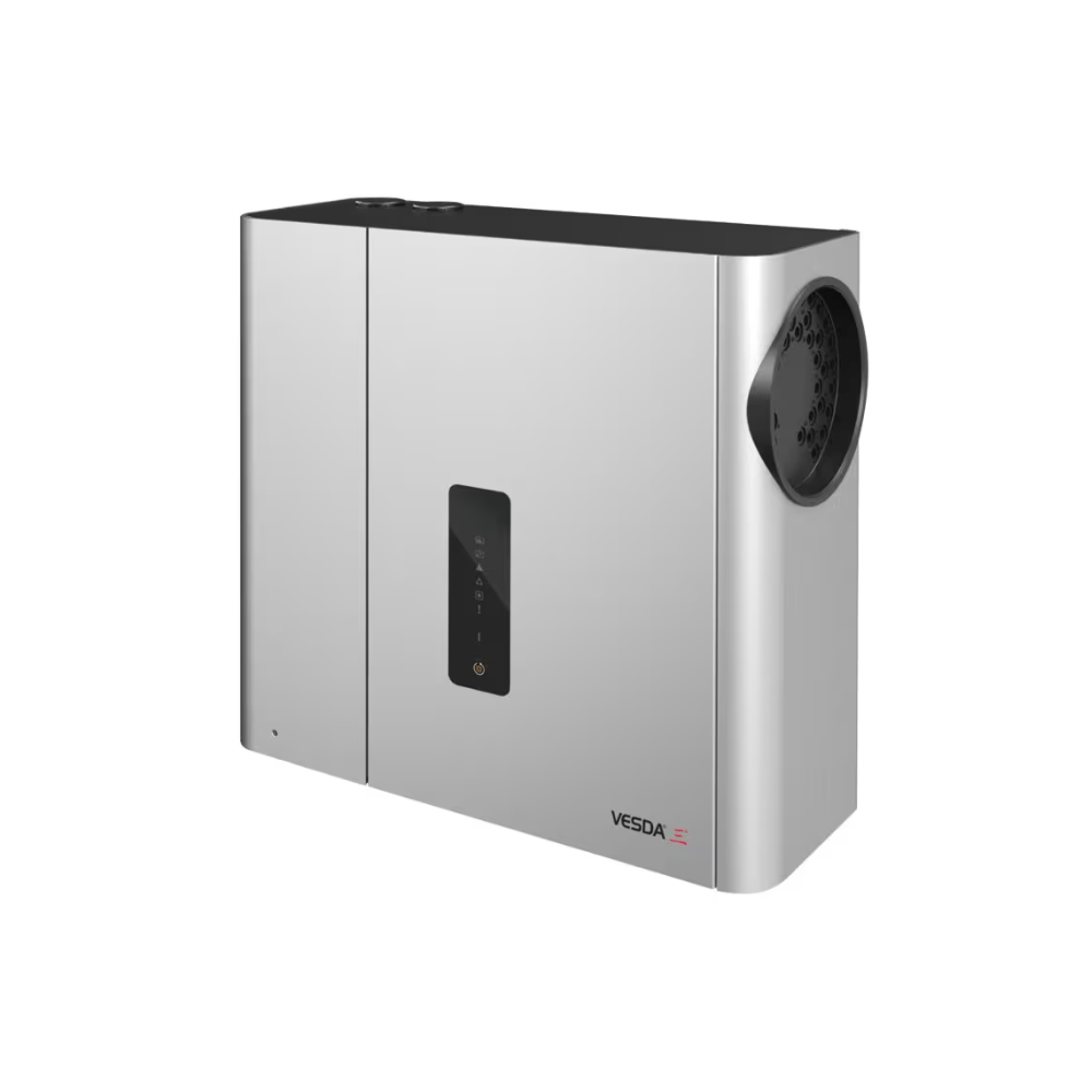 Vesda VEA-040-A00-UL fire alarm control panel with display and control buttons, mounted on a wall.