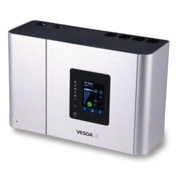 VESDA VEU-A10-UL smoke detector with alarm module by VESDA, shown mounted on ceiling with wiring visible