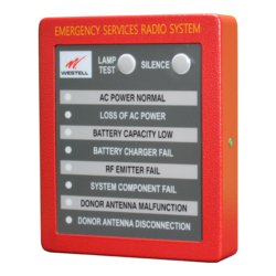 Westell CS40-ANNUNC alarm annunciator panel with multiple indicator lights, mounted on a wall for emergency alert signaling.